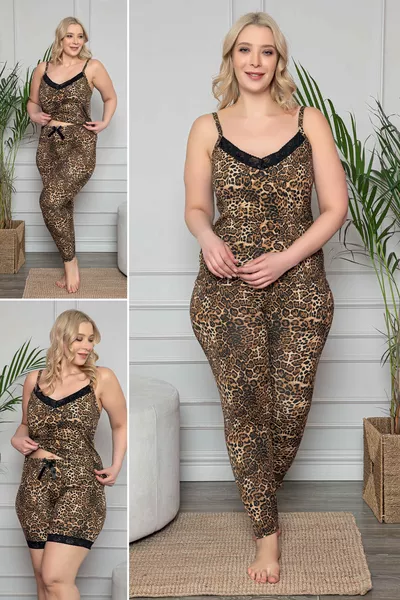 Büyük Beden Leopar Desenli Dantel Detaylı Şortlu Ve Taytlı Pijama Takımı 3'lü Set 