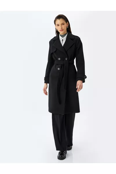 Manteau croisé long en cachemire avec ceinture et poches