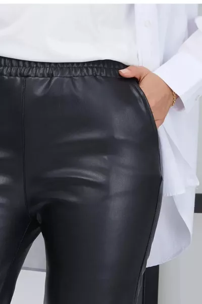 Women's Leather Pants Lined with Fleece, Elastic Waist, Black