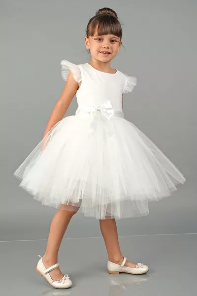 Beyaz Ponpon Kollu Tüllü Kız Çocuk Abiye Parti Elbise