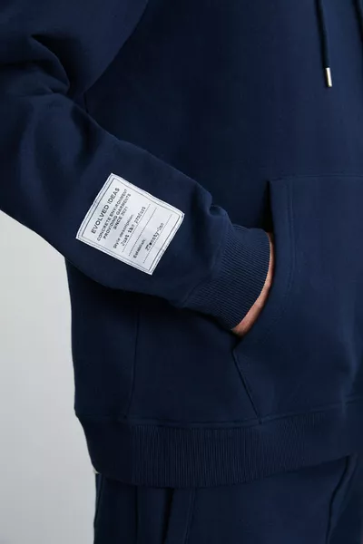 Ashbourne Heren Oversized Joggingpak van Organisch Katoen met Kangaroo Zak, Mouwlabeldetail, Donkerblauw