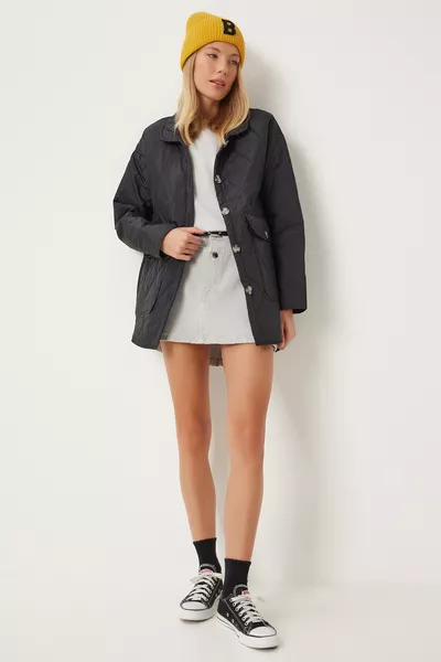 Women's Black Pocketed Oversized Quilted Jacket 