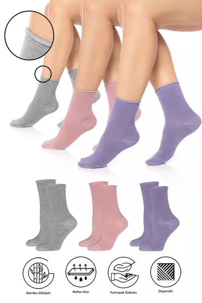Calze da donna in bamboo senza elastico grigio-rosa-lilla, senza cuciture, confezione da 3 pezzi / Non lascia segni - Non stringe