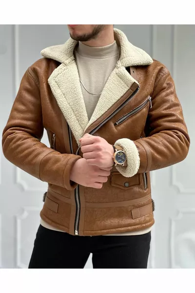سترة جلد نابا رجالية بلون عسلي مبطنة بالكامل بالفرو، طراز نورث