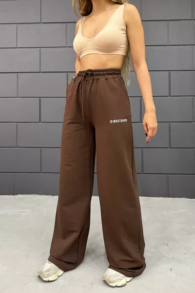 Kadın Kahverengi Bol Paça Baskılı Eşofman Altı