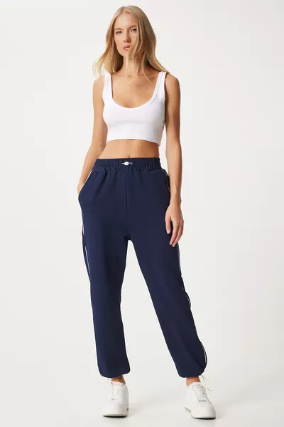 Kadın Lacivert Şerit Detaylı Örme Eşofman Altı 