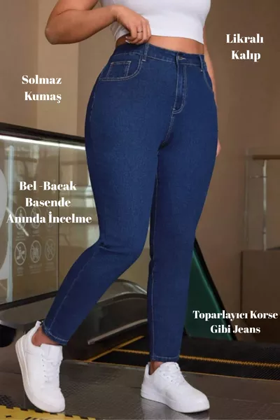 Damen Dunkelblau Große Größen Skinny Fit Hohe Taille Voll Elastische Weiche Jeans Hose -dunkelblau