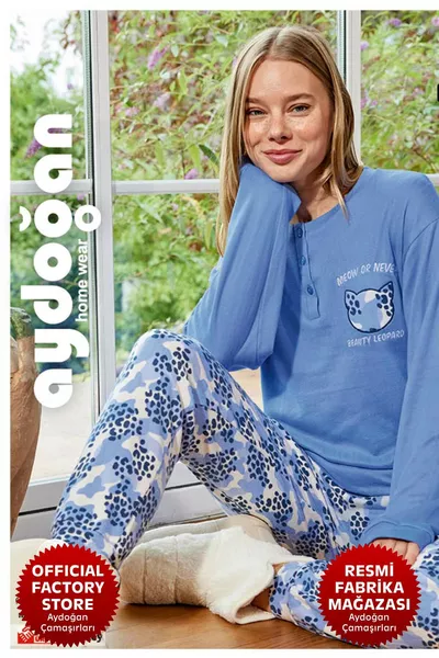 Damen-Pyjama-Set Blau Winter Thermal Rundhalsausschnitt Langarm -4 -  ®