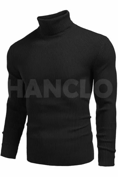 كنزة رجالية بأكمام طويلة وياقة عالية باللون الأسود
