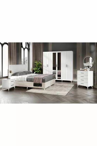 غرفة نوم كاملة من MDF باريس مع 6 أبواب باللون الأبيض مع سرير وتخزين
