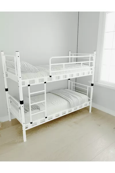 غرفة نوم أطفال شبابية برلين بسرير بطابقين معدني وسرير مفرد باللون الأبيض