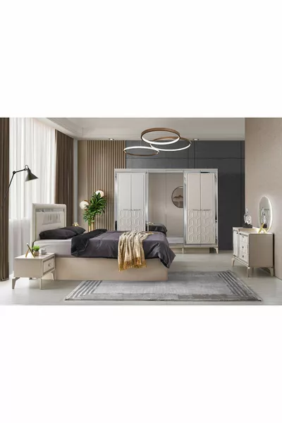 غرفة نوم دريسدن - MDF - بيج رملي - 6 أبواب ومرآة - بدون قاعدة مع عارضة - شحن وتركيب مجاني