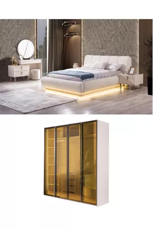 Ensemble de chambre Tress (Armoire 4 portes + Commode + Table de chevet + Lit)