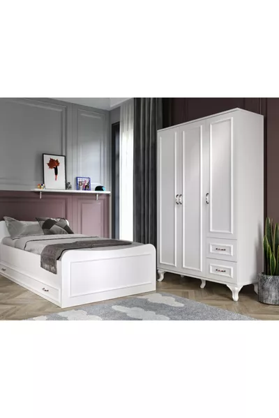Kartopu Country Kamer Set - 3-Deurs Kledingkast, Kinderbed, Ladekast met 3 Lades, Helemaal MDF