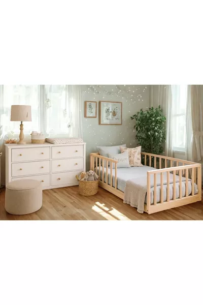 سرير أطفال مستدير من الخشب الطبيعي الصلب بحجم سم × سم مع شرائح خشبية من الخشب الطبيعي