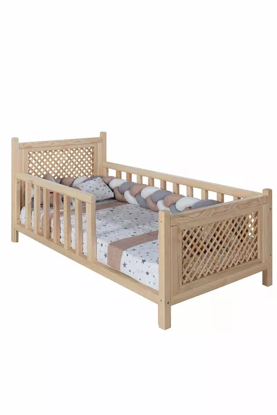 Natuurlijke dennenhouten bedframe, Montessori stapelbed met Mina scheidingshoofdbord