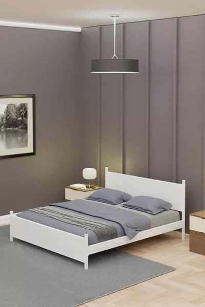 GM Modern Double Bed Wooden and Metal All White Bed Frame