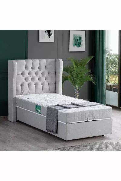 Riga Tek Kişilik Baza Başlık Comfort Yatak Seti, Açık Gri