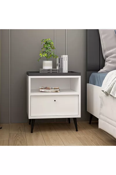 طاولة سرير برف ودرج واحد - أبيض