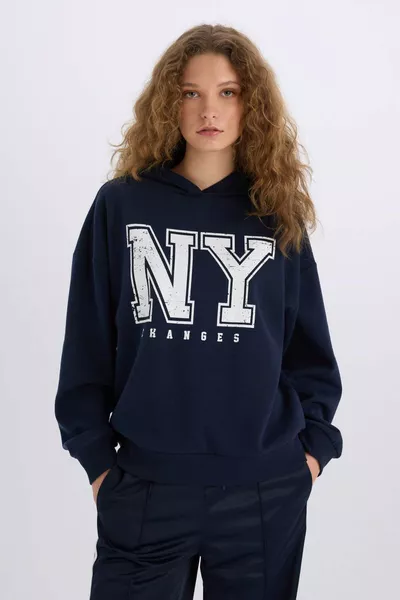 Loose Fit Kapüşonlu Baskılı Kalın Sweatshirt AXNS