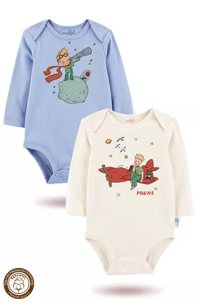 بدلة أطفال مصنوعة من القطن العضوي % بطباعة وتثبيت بأزرار ضغاط، مجموعة من قطعتين