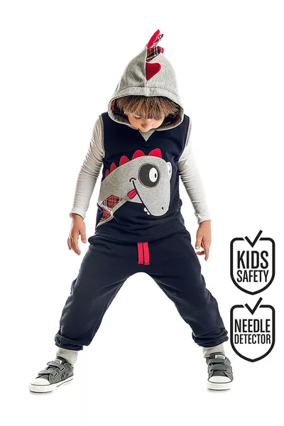 Dino Boys' Sleeveless Hooded Tracksuit with Vest