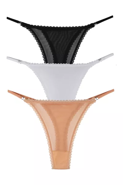 Set di 3 perizomi da donna con lati in spugna e davanti in tulle 