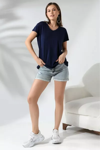 % Baumwolle, hochwertige dunkelblaue V-Ausschnitt Damen Basic T-Shirt, gestricktes Baumwolljersey