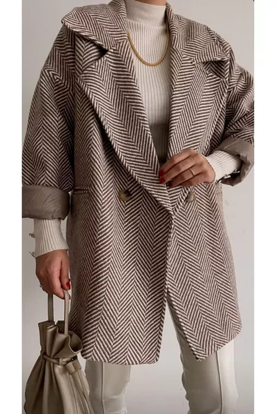 Dames Oversized Wolmix Jas met Zakken en Visgraat Dessin Bruin