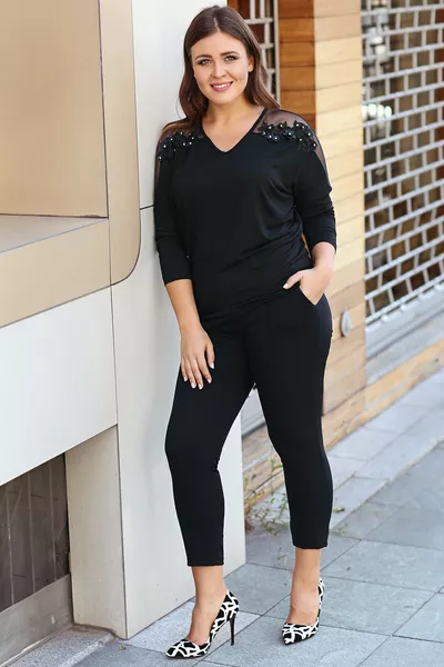 Plus Size Floral Blouse with Tulle Shoulders