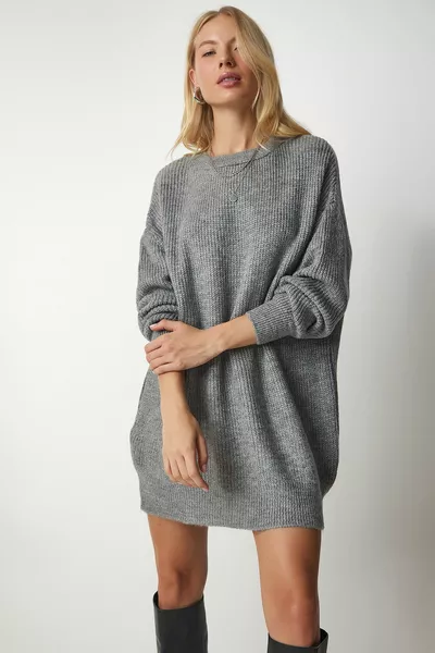 Dames Grijze Oversized Lange Basic Trui 