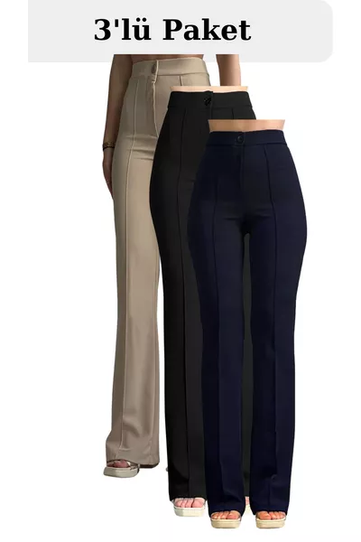 Kadın Palazzo Pantolon 3’lü Set – Siyah Bej Lacivert, Krep Likralı, Yüksek Bel Jogger Kesim