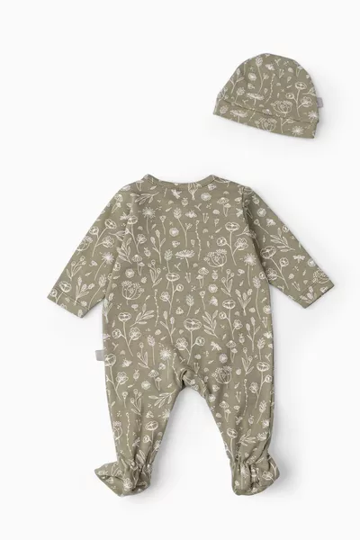 Set di tutina, cappello e calzini per neonati, primaverile floreale kaki