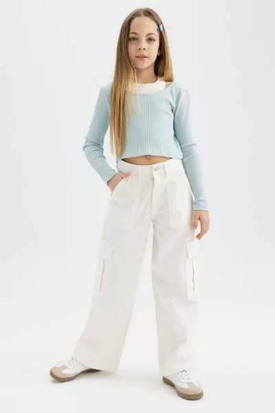 قميص طويل الأكمام للفتيات، بقصة ضيقة، ياقة دائرية، قماش مضلع، رقم المنتج SP