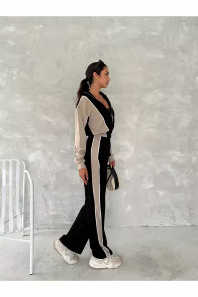 طقم رياضي نسائي عصري، ياقة عالية بسحاب، أرجل واسعة مع خطوط جانبية، موديل Aysho