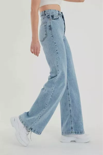 Snow Blue High-Waist Loose Pants, Wide-Leg Pants, Baggy Leg Washed Palazzo Jeans