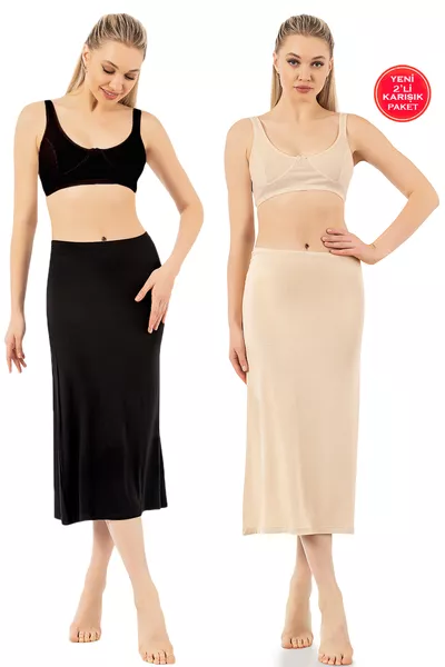 Özkan  2-Pack Women's Viscose Fabric Black Skin Knee-Length Long Skirt Dress Lining Petticoat Romper