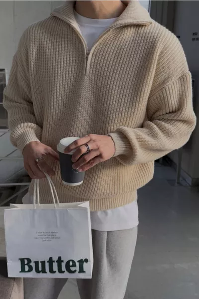 كنزة رجالية من الفرو الصناعي بفتحة سحاب وياقة صيد بحجم كبير