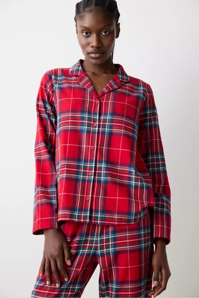 طقم بيجامة قميص وبنطال أحمر منقوش مربعات نيويورك