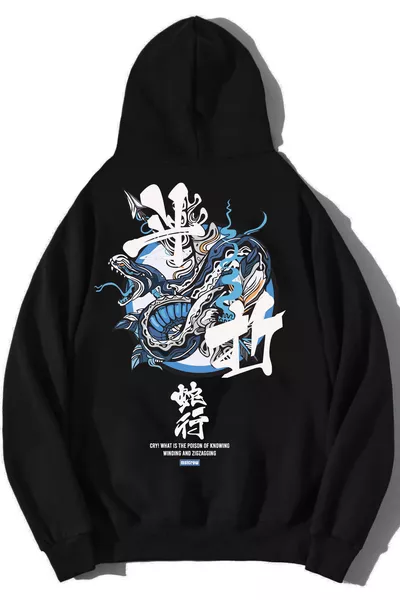 Felpa Oversize Uomo con Stampa Serpente Nera