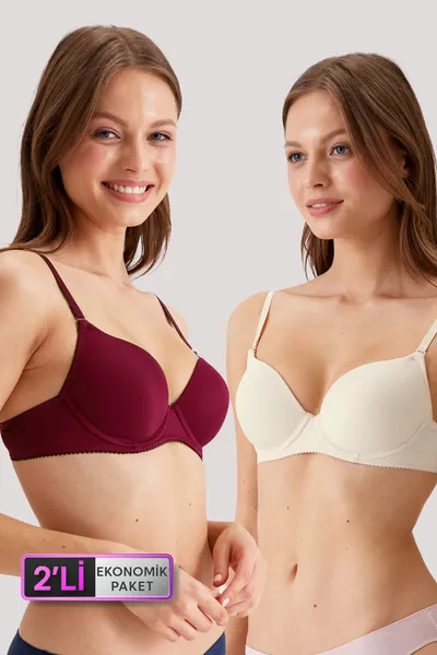 Икономичен пакет от 2 броя  Инчи Бордо Push Up пълнени микрофибърни тениски сутиени (с махащи се презрамки)