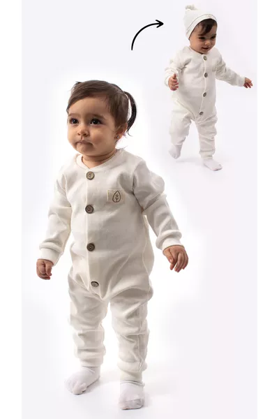 Unisex Babystrampler mit Holzknopf-Motiv und Hut, Waffelstil - Weiß