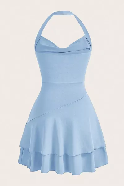 Синя мини рокля с презрамки 