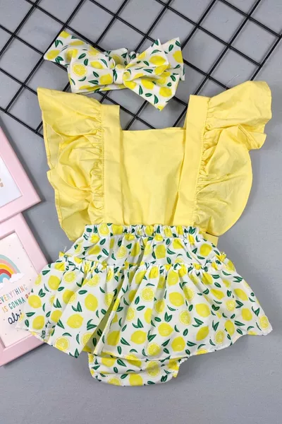 طقم صالوبت للأطفال البنات مع رباط رأس مطبوع بالليمون وكرانيش