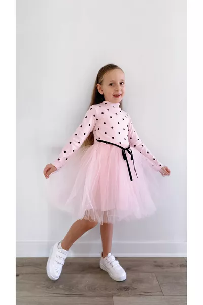 فستان طويل الأكمام للبنات، فستان أميرة بتول كثيف، منقط وقابل للتمدد بالليكرا، باللون الوردي