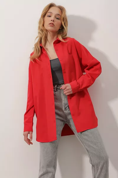 Chemise longue tissée oversize rouge pour femme 