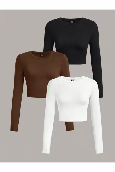 Set da 3 pezzi Donna Top Corto a Costine con Scollo Girocollo