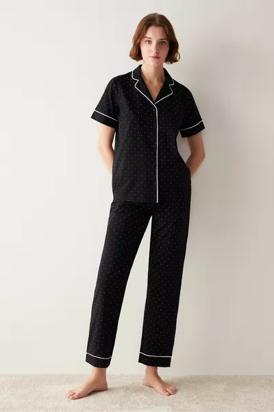 White Dotted Black Shirt Pants Pajama Set