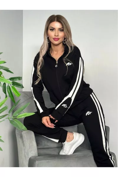 طقم رياضي نسائي مزدوج بفوطة، سترة وسروال بسحاب، مطرز، من ليكرا مزدوجة