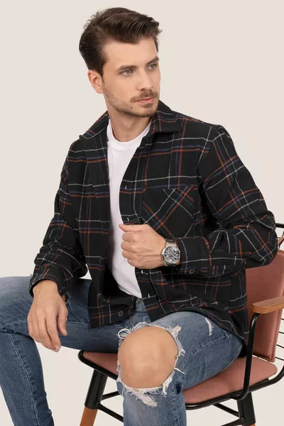 Siyah Kiremit Çizgili Oversize Oduncu Erkek Gömlek